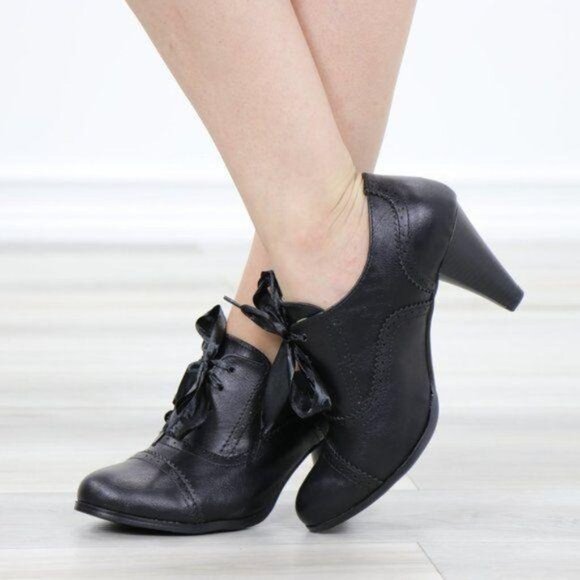 Laced-Up Low Cut Ankle Boots Women's Heeled Oxford - Picture 6 of 15